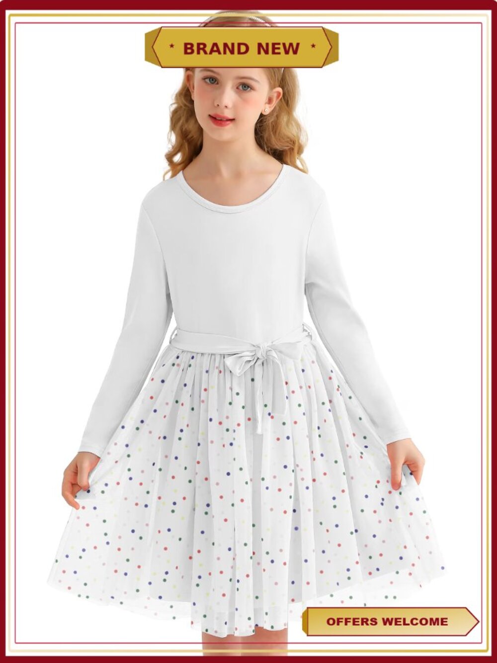 Girls Long Sleeve Tutu Dress Tulle Skirt with Removable Waistband